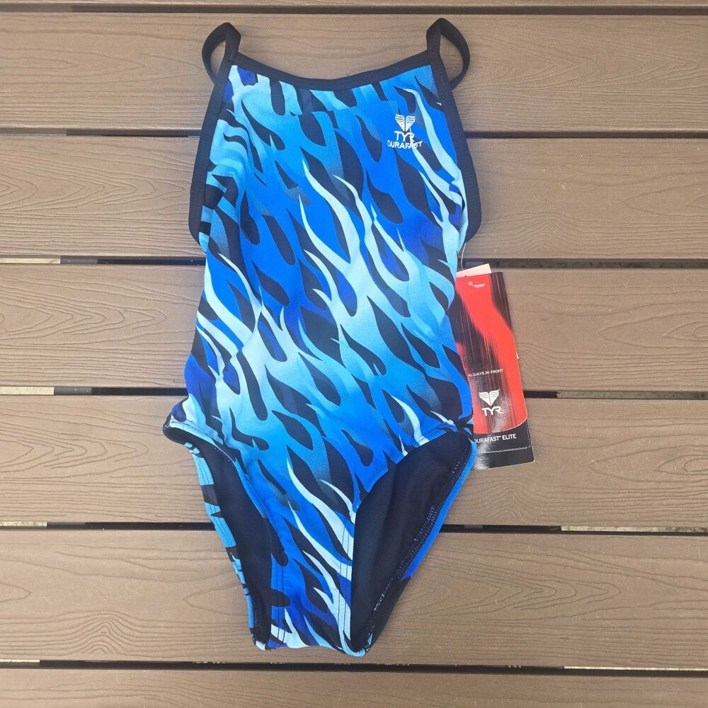 TYR Youth Girl's Durafast Blue Inferno Crosscutfit One Piece Swim Sz 24 New
